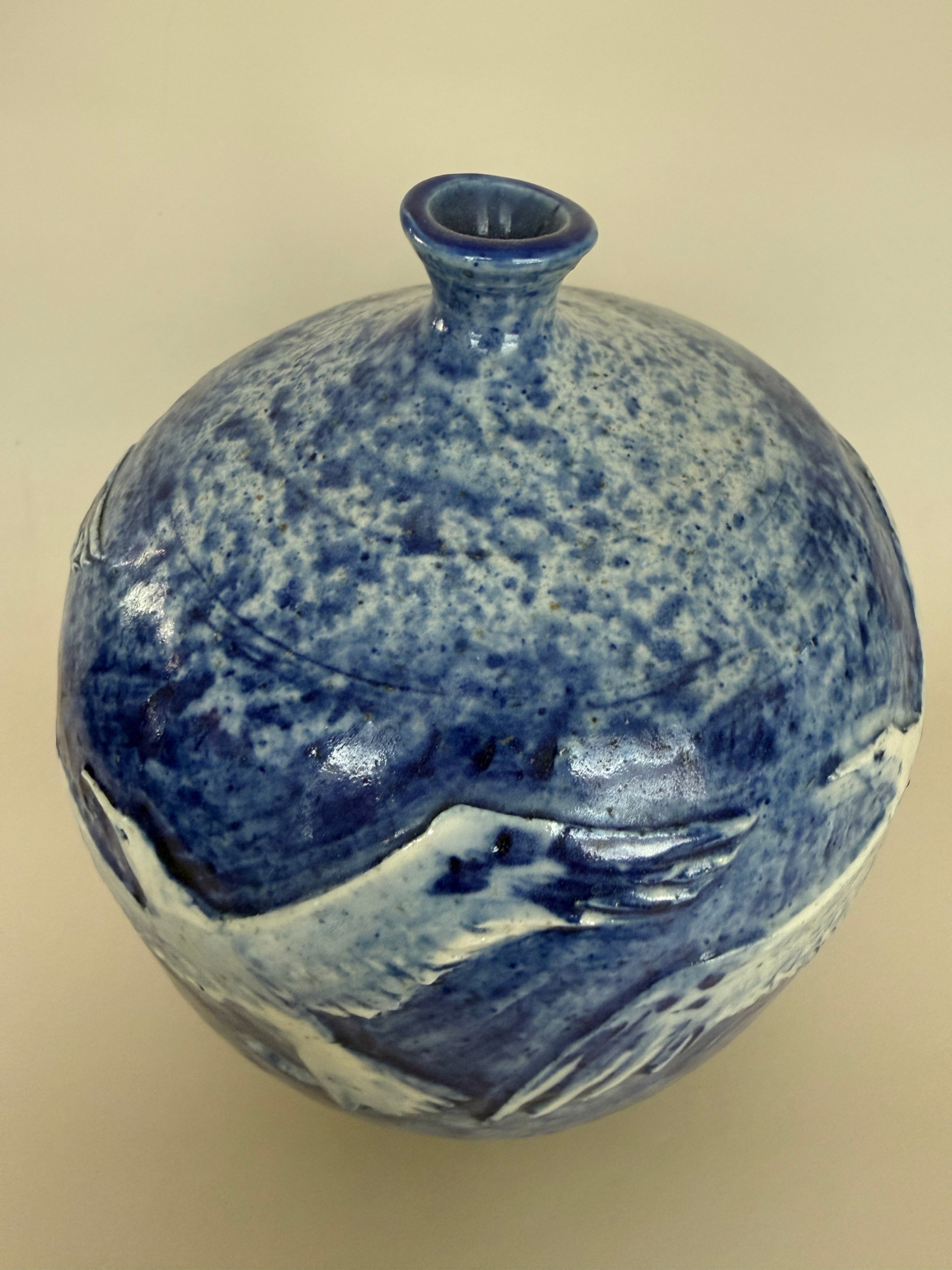 David and Esther Landis Signed Blue Ceramic Vase.