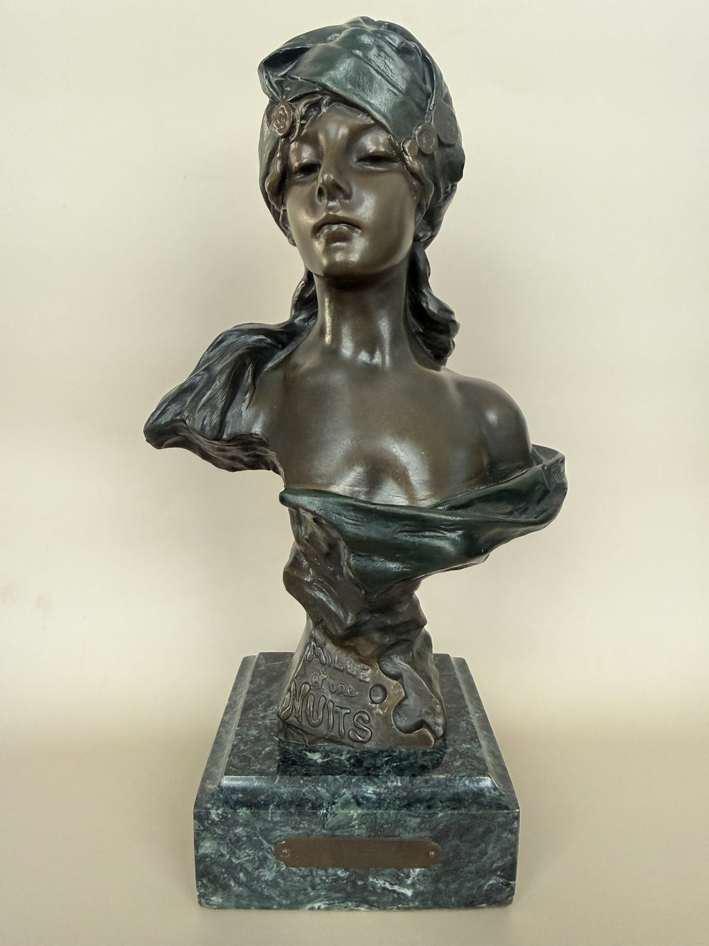 Vintage Bronze Bust Sculpture "Mlle et une Nuits" by Emmanuel Villanis.