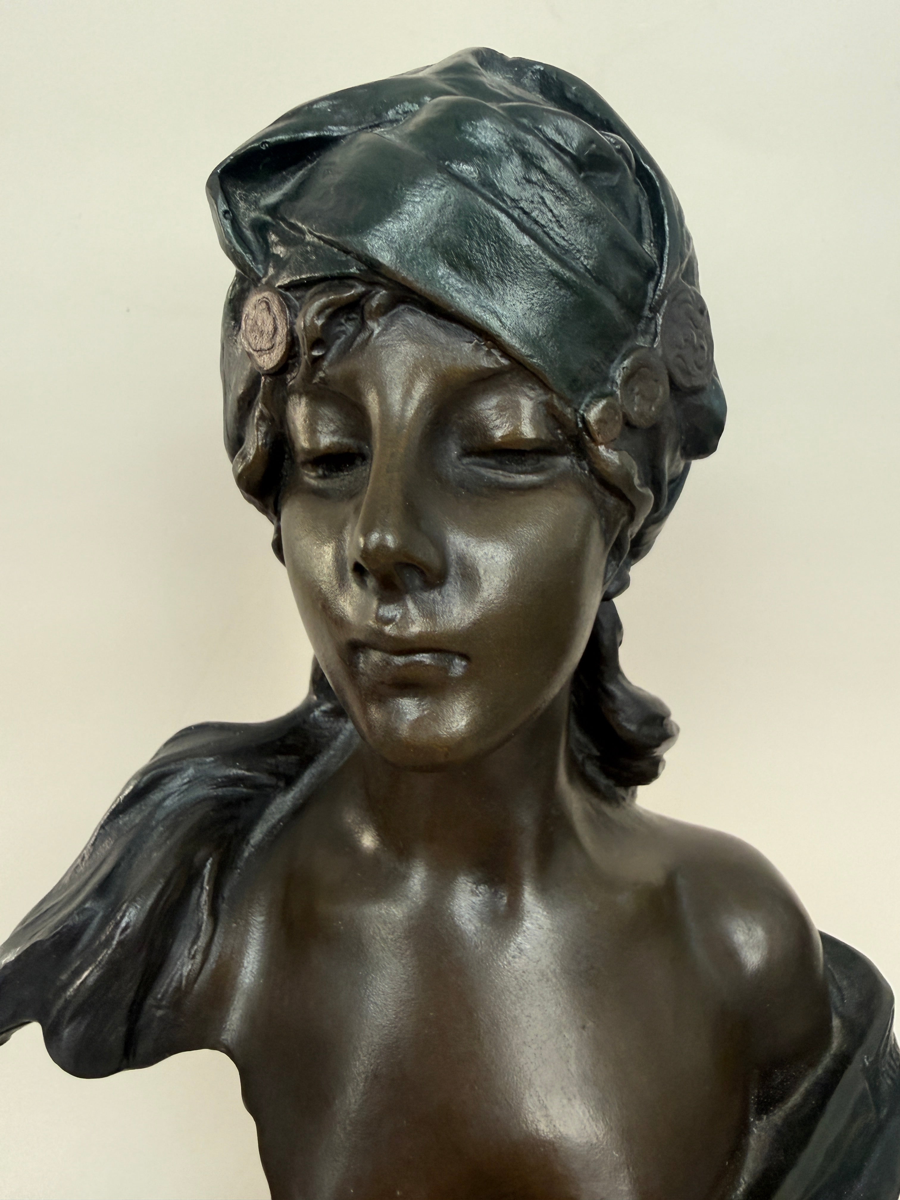 Vintage Bronze Bust Sculpture "Mlle et une Nuits" by Emmanuel Villanis.